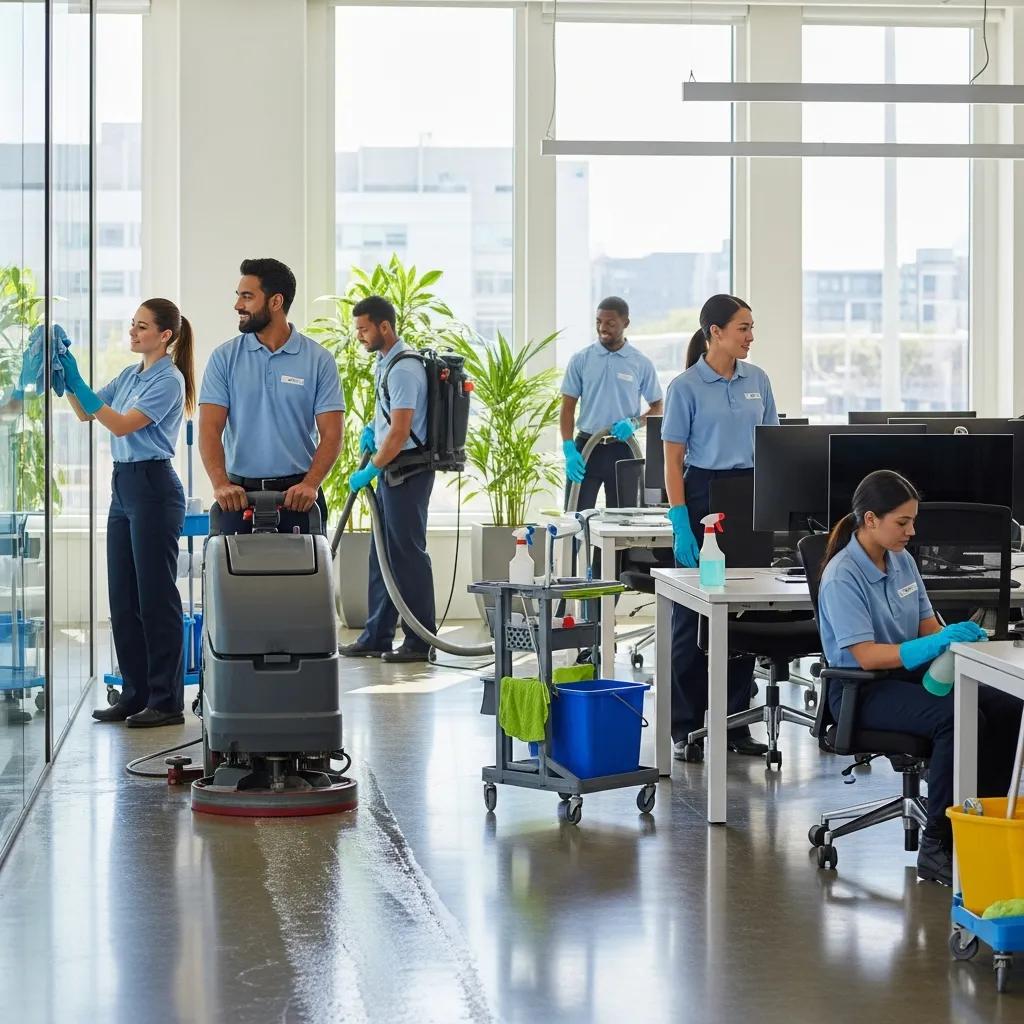 Professional cleaning team efficiently managing a commercial office space