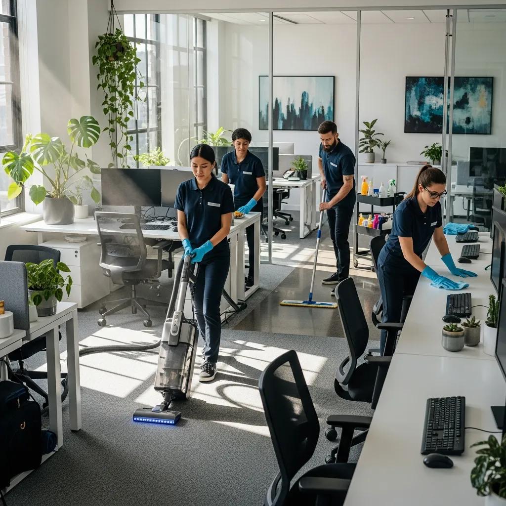 Professional cleaning team in a bright office space demonstrating comprehensive cleaning solutions