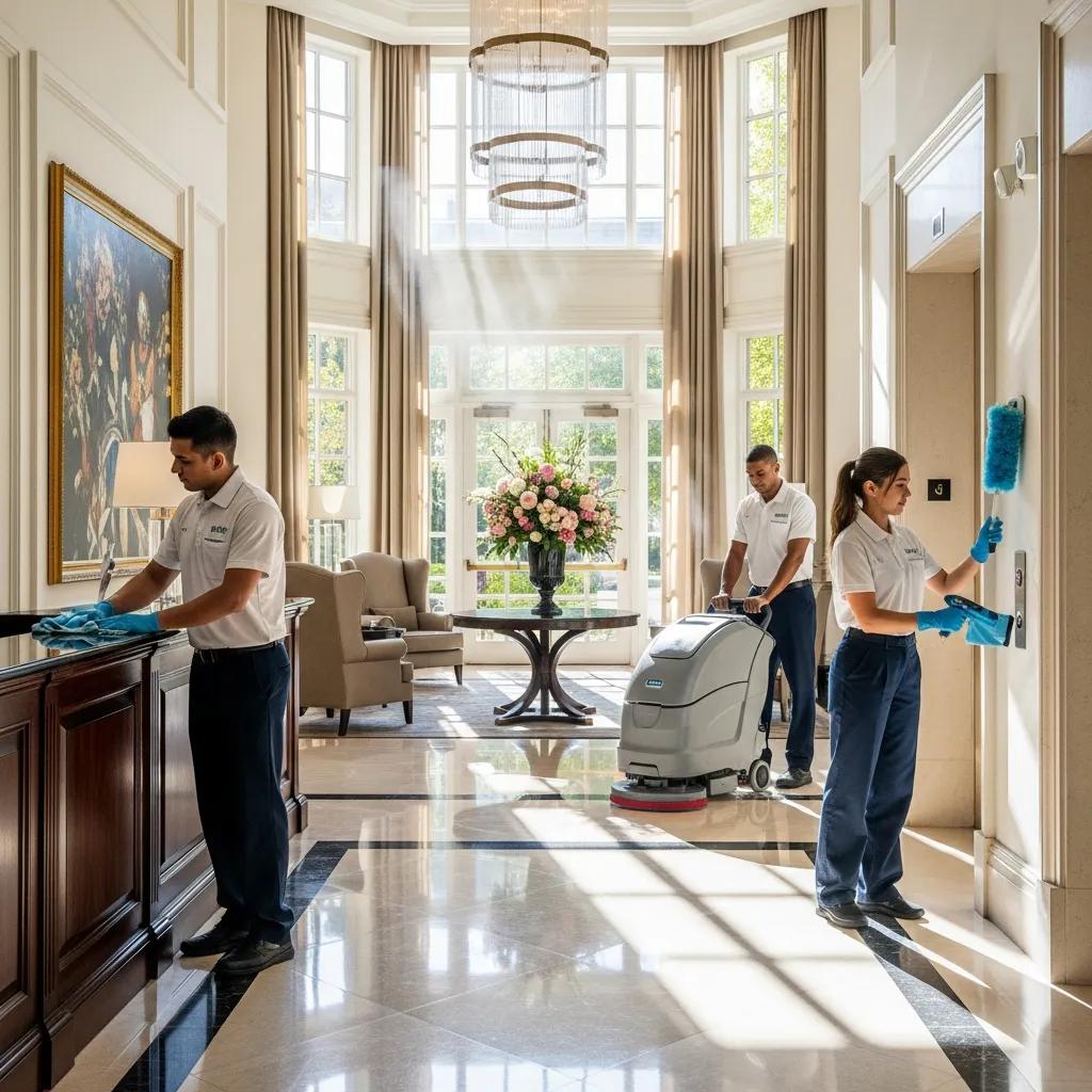 Professional cleaning team in hotel lobby, demonstrating hospitality cleaning services, using equipment and tools for thorough sanitation, maintaining cleanliness and guest readiness.