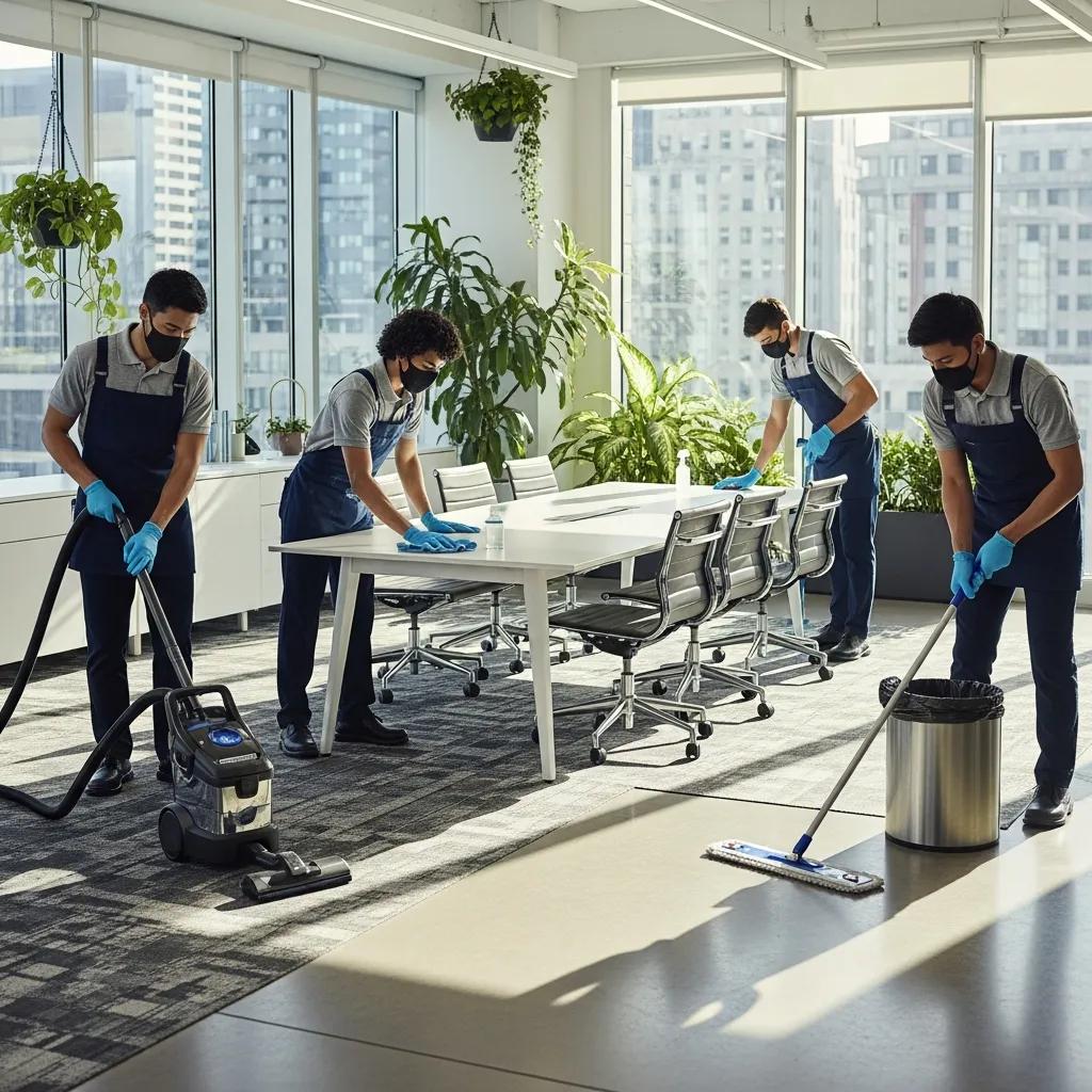 Professional cleaning team in a modern office demonstrating commercial cleaning services