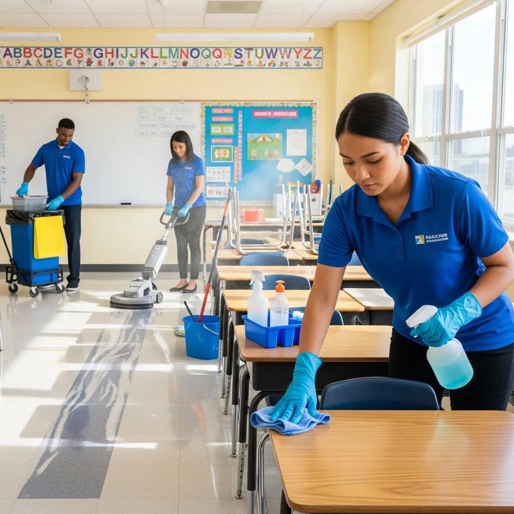 Professional cleaning team sanitizing a classroom to enhance health and safety in educational facilities