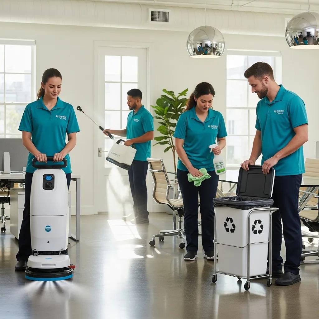 Professional cleaning team using advanced eco-friendly products in a bright office environment