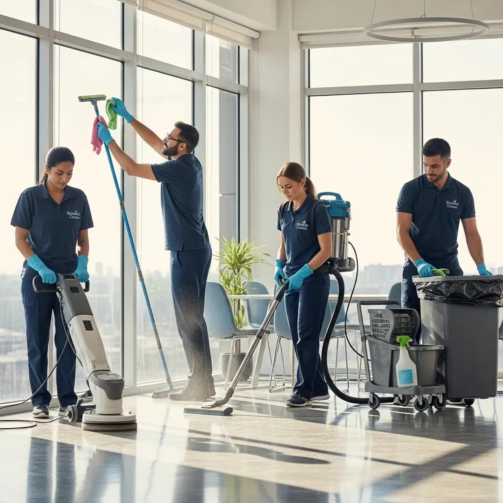 Professional cleaning team using modern equipment in a commercial office