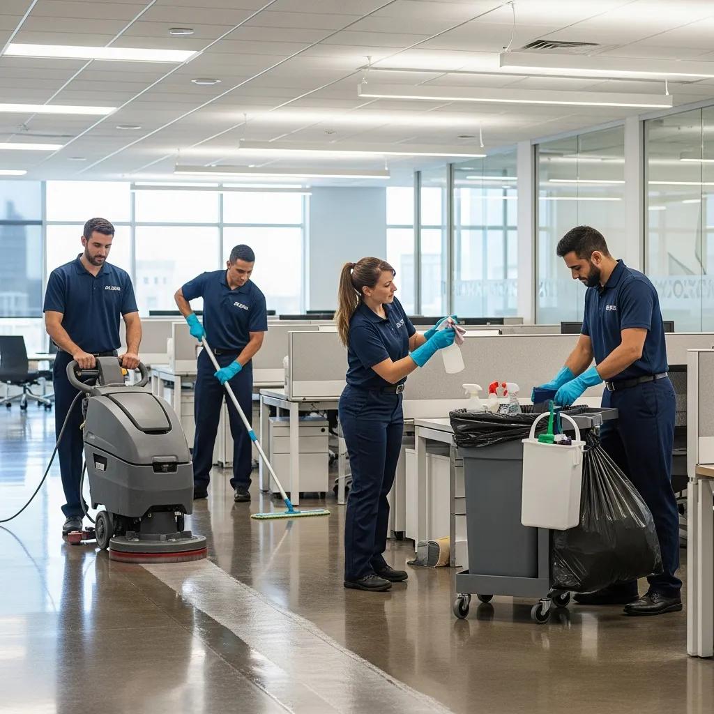 Professional cleaning team using modern equipment in a commercial space