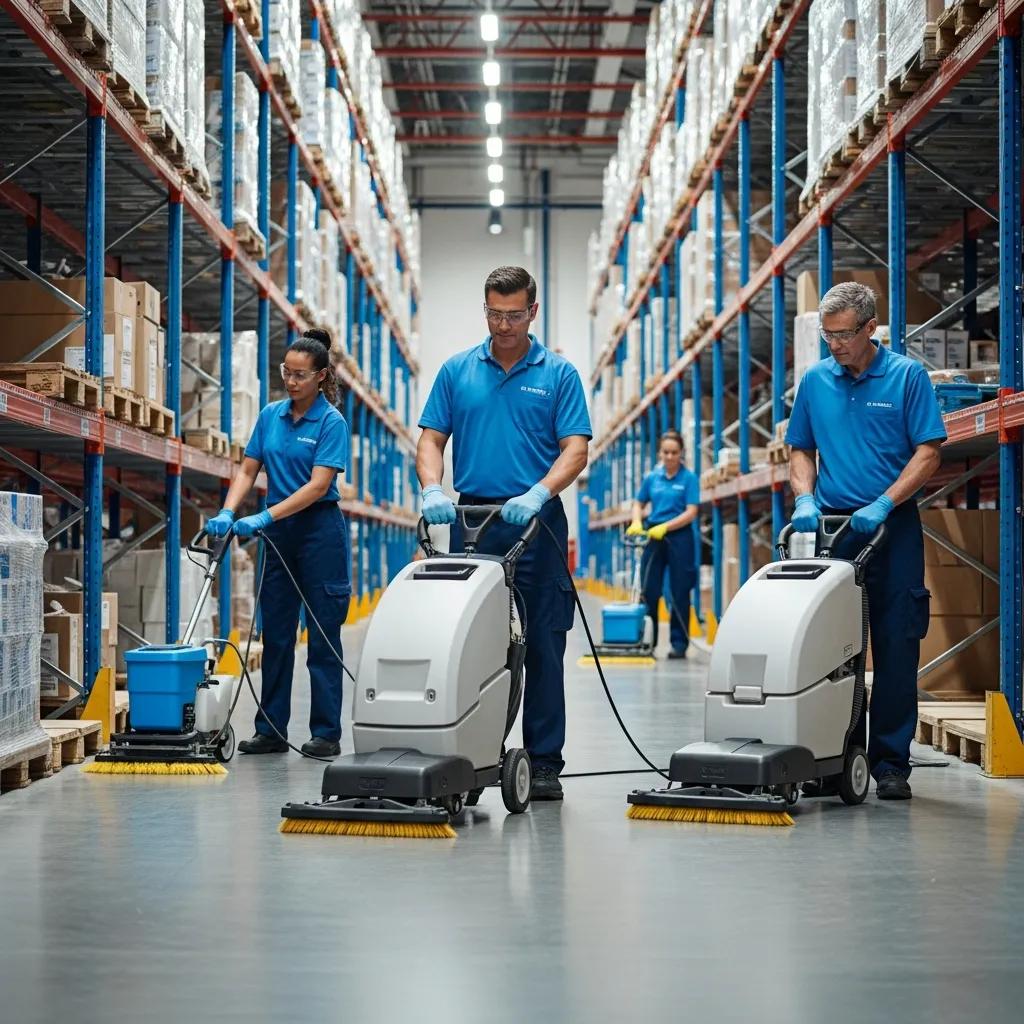 Professional warehouse cleaning team using advanced equipment in a clean logistics center