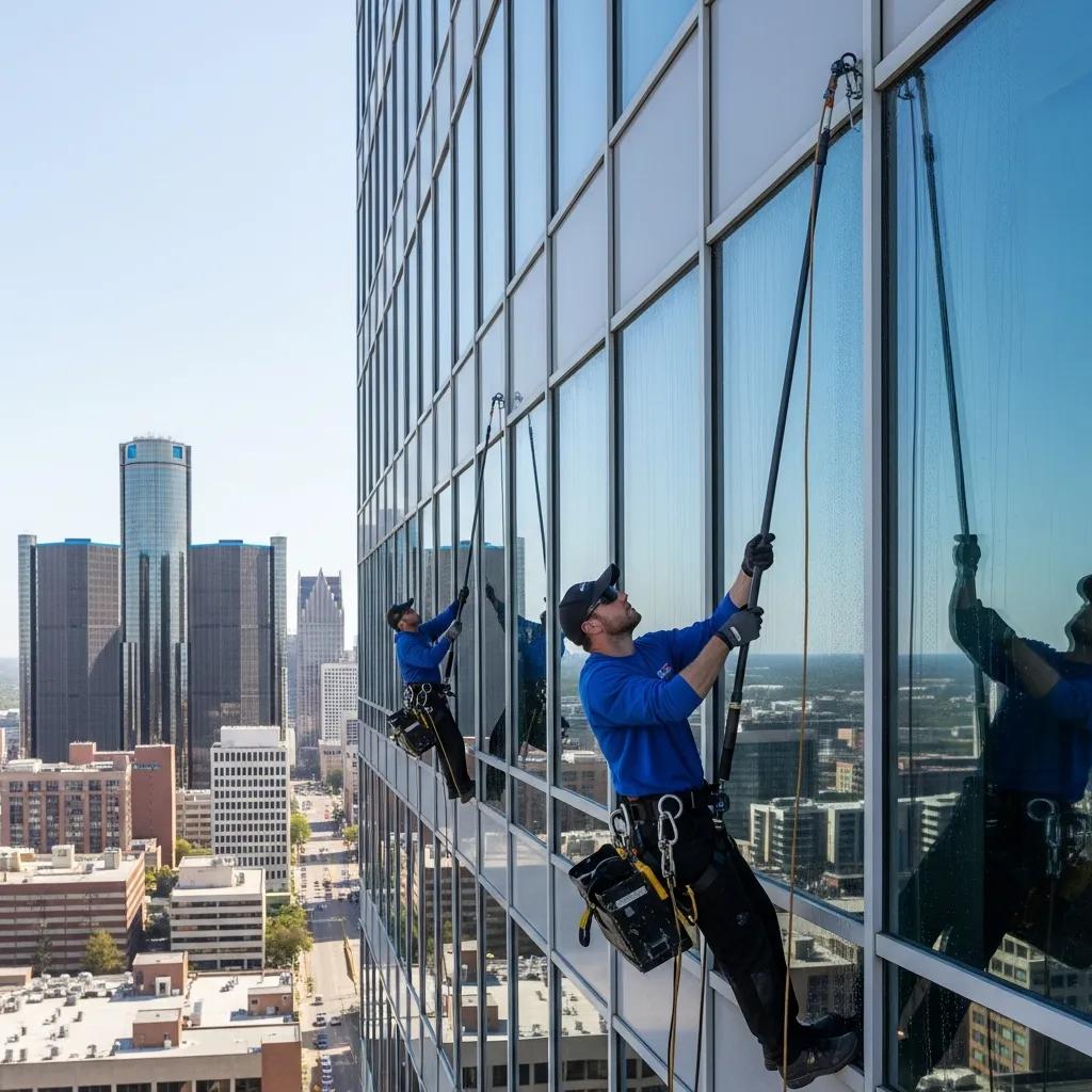 Professional window cleaning team using water-fed pole systems on a high-rise building in Metro Detroit