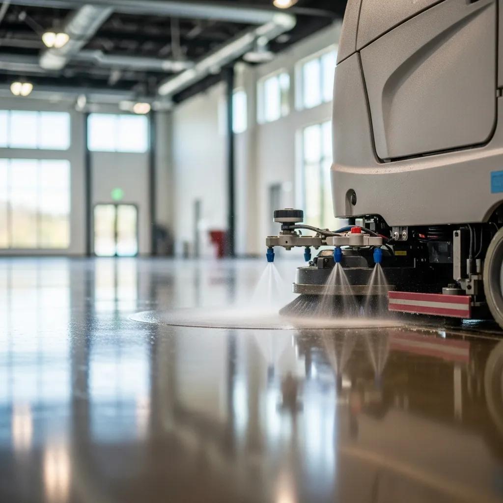 Robotic floor scrubber cleaning a large hard-floor area, showcasing automation in commercial cleaning for enhanced efficiency and hygiene.