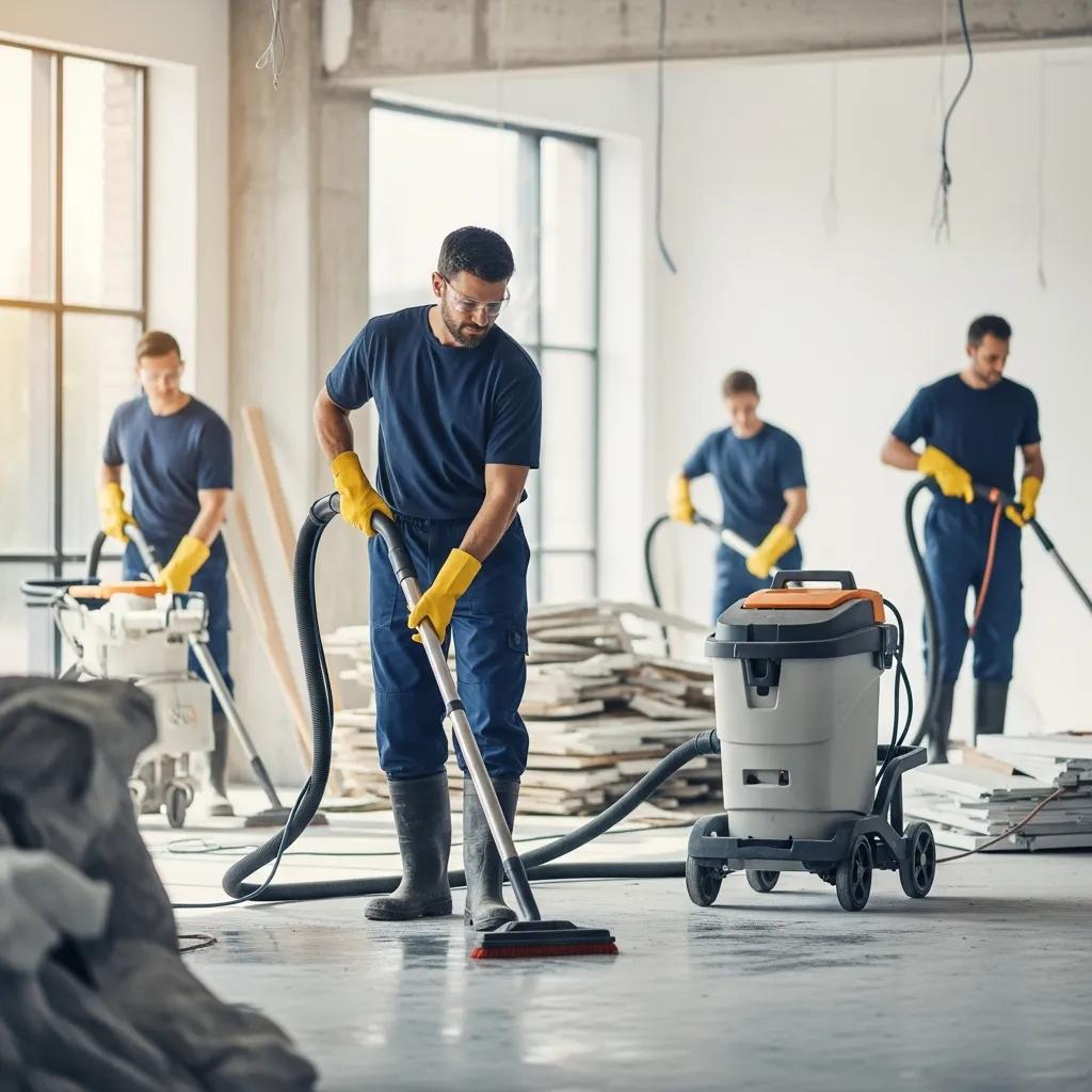 Team of professional cleaners using HEPA vacuums and electrostatic sprayers during post-construction cleanup in a commercial space