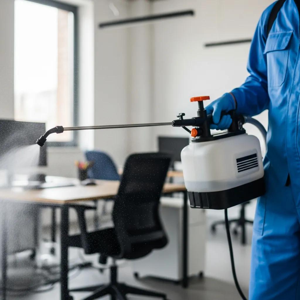 Technician in blue protective suit applying advanced disinfection techniques in a commercial office, emphasizing health and safety measures in cleaning.