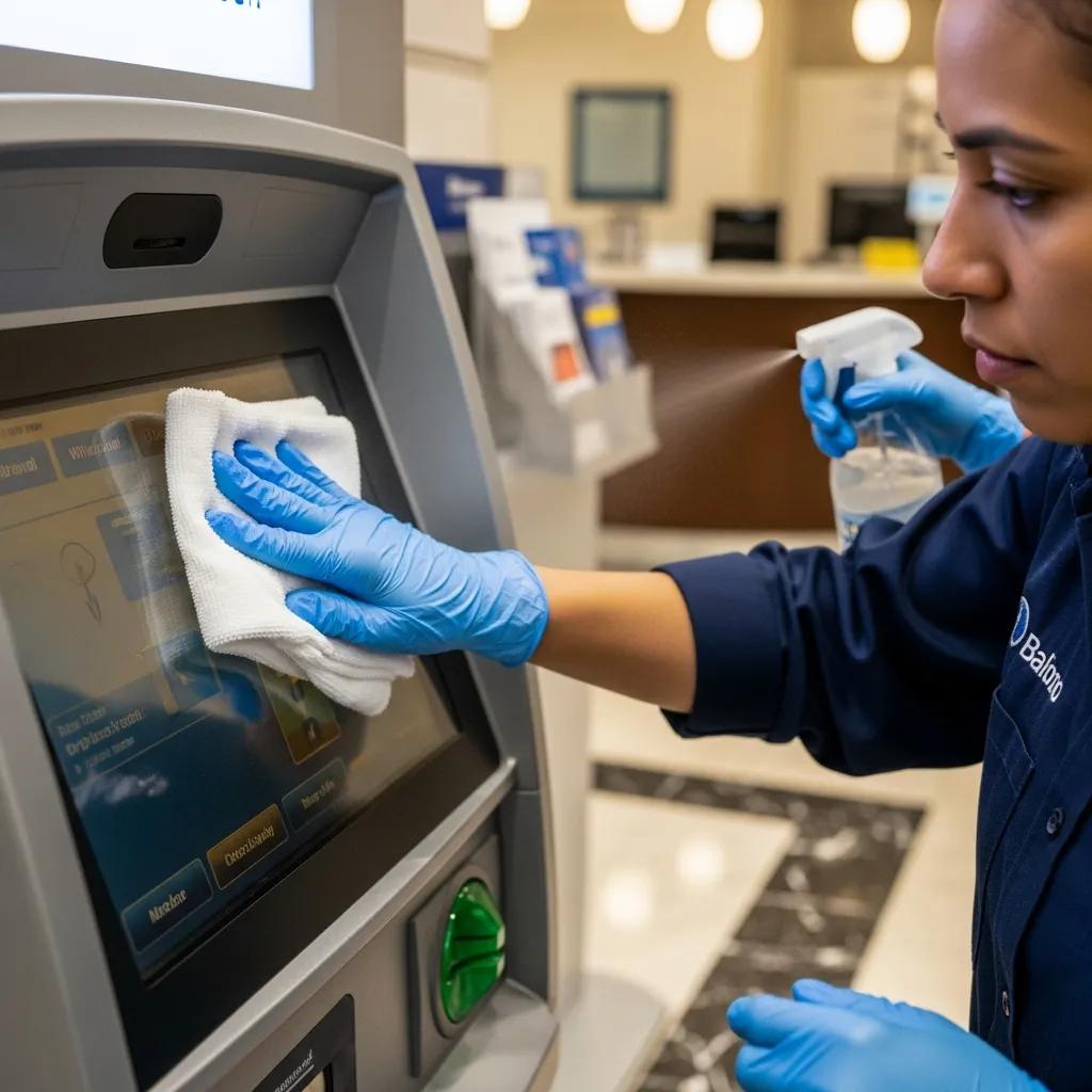 Technician disinfecting an ATM touchscreen — security and confidentiality practices for financial cleaning