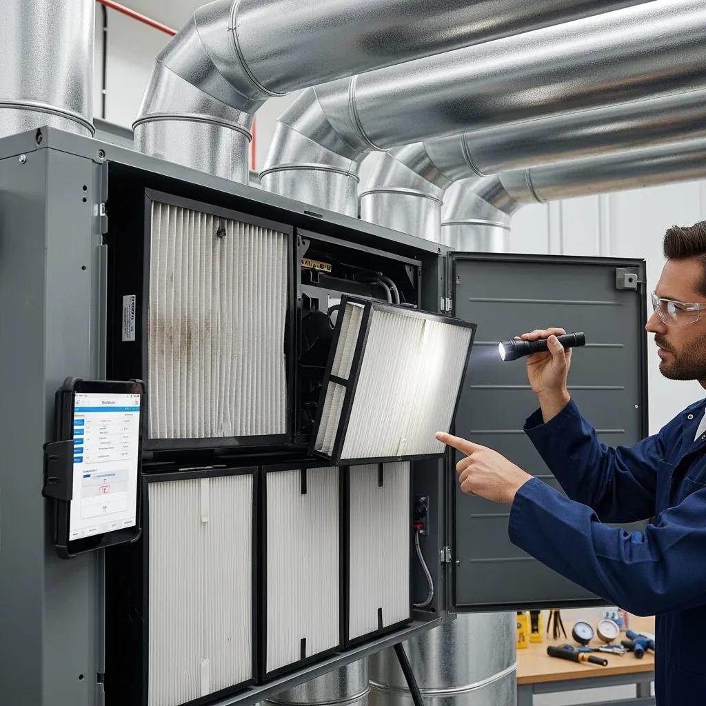 Technician inspecting HVAC system filters for optimal indoor air quality, using a flashlight and tablet for monitoring, in a commercial setting with ductwork visible.