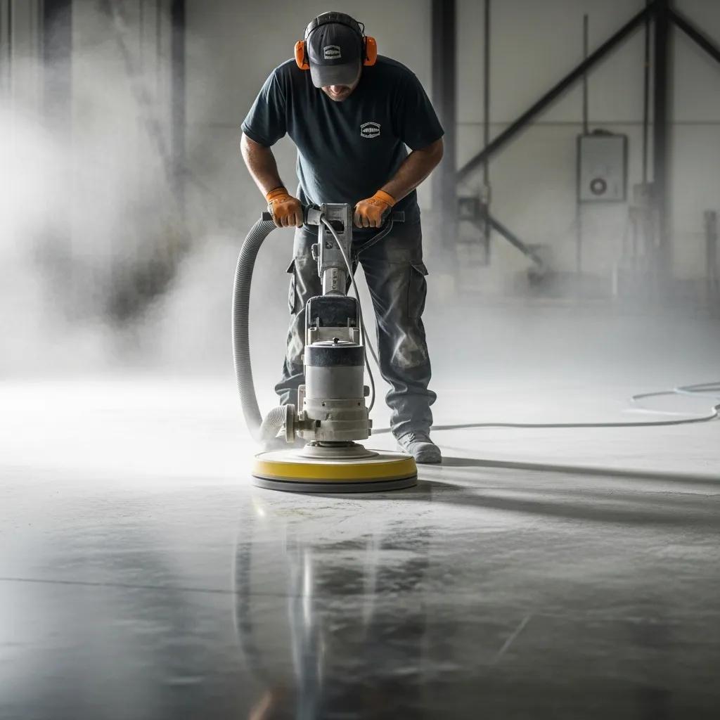 Technician from McCoy polishing concrete, showing steps in sealing and polishing for long-term durability
