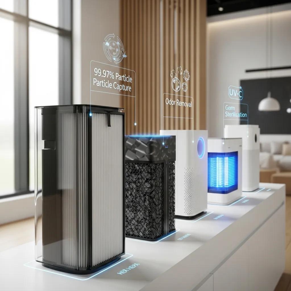 Commercial air-purification equipment: HEPA units, UV-C lamps, and carbon filters