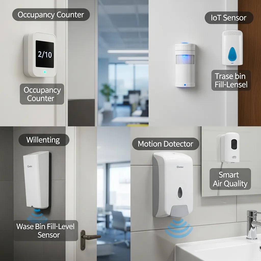 Various IoT sensors for commercial cleaning displayed in a modern workspace, including an occupancy counter, waste bin fill-level sensor, motion detector, and smart air quality monitor, highlighting their functionality for efficient cleaning operations.