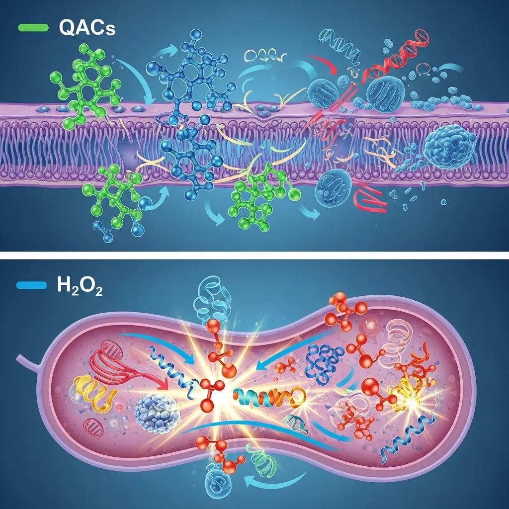 Diagram showing how disinfectants attack microbes and inactivate pathogens