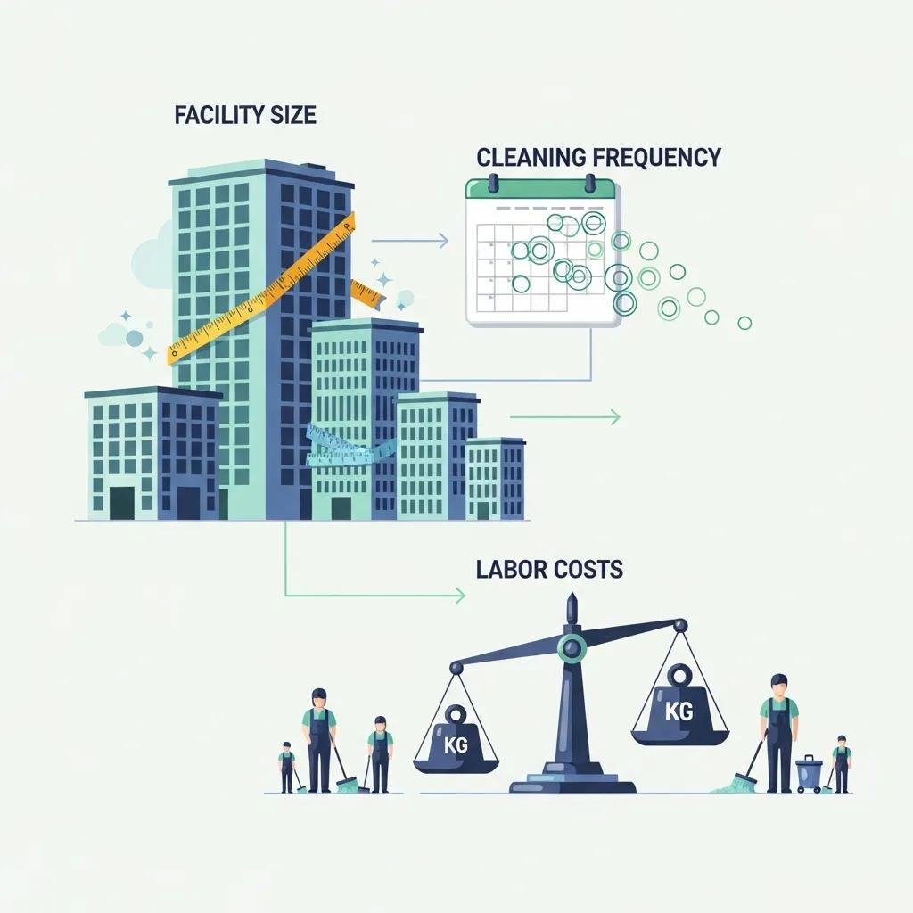 Graphic showing the main cost drivers for commercial cleaning: size, frequency, facility type, labor, supplies, and location