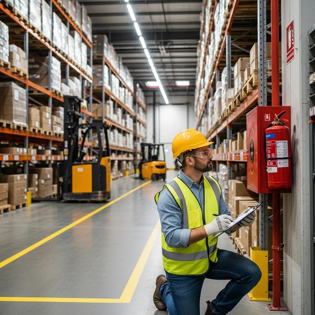 Worker in PPE inspecting a tidy warehouse with clear emergency exits
