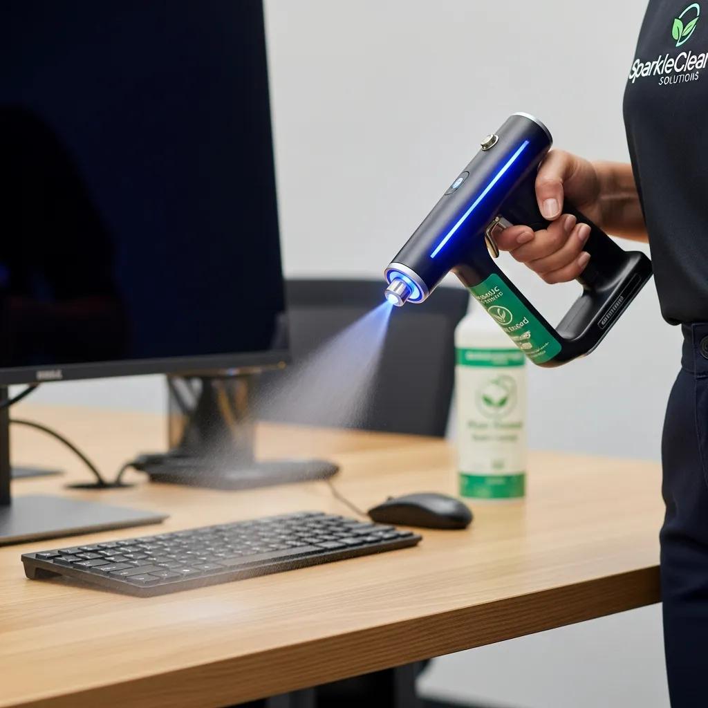 Technicians using advanced, eco-friendly cleaning equipment in an office