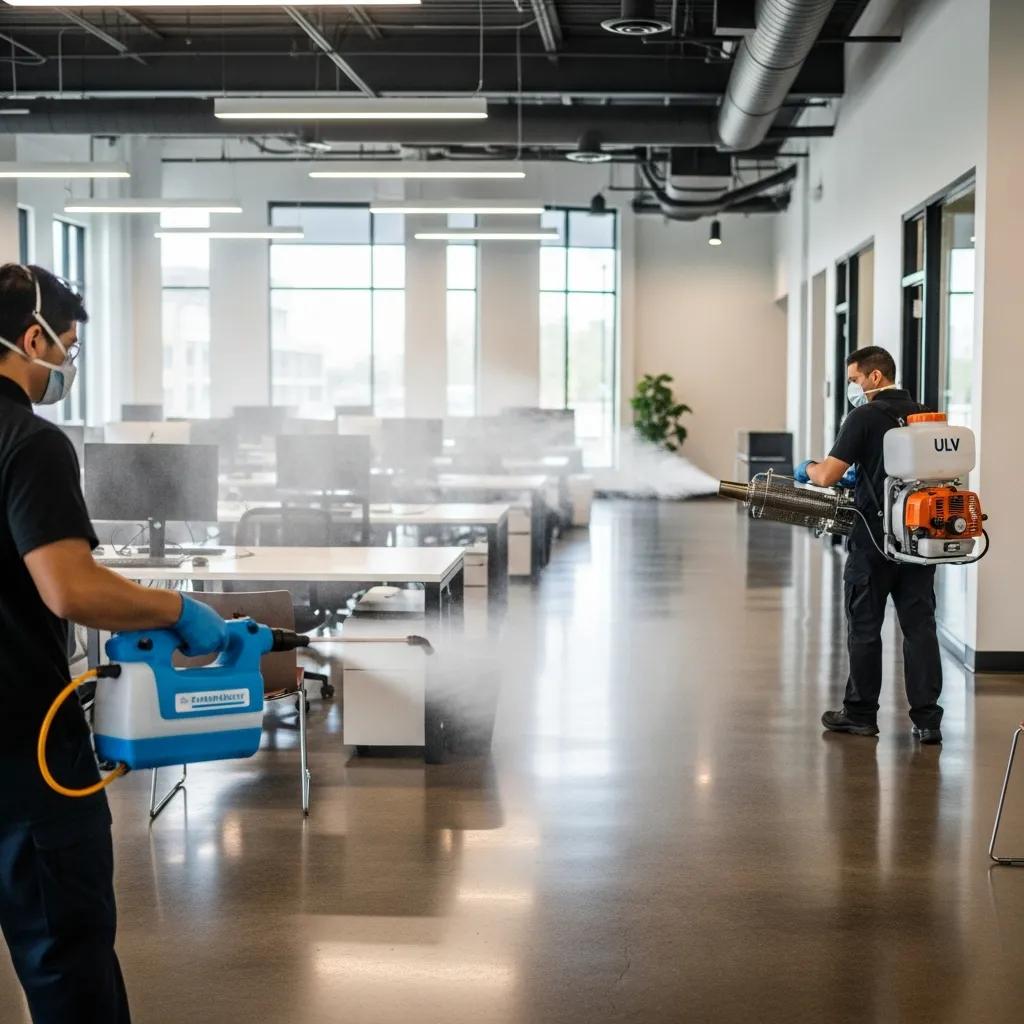 Electrostatic sprayer and ULV fogger in use during a commercial disinfection service
