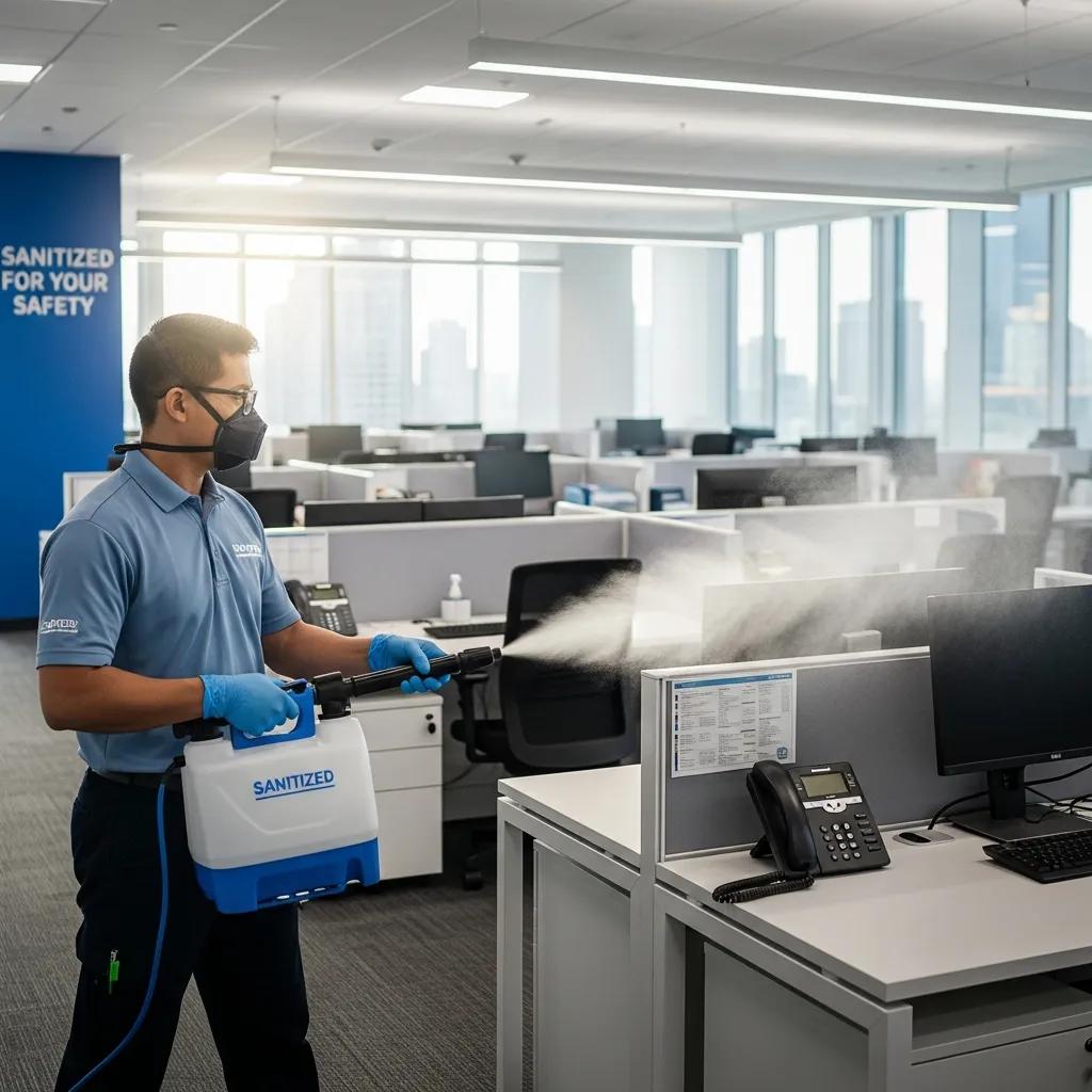 Technician using advanced disinfection equipment such as an electrostatic sprayer in a commercial space