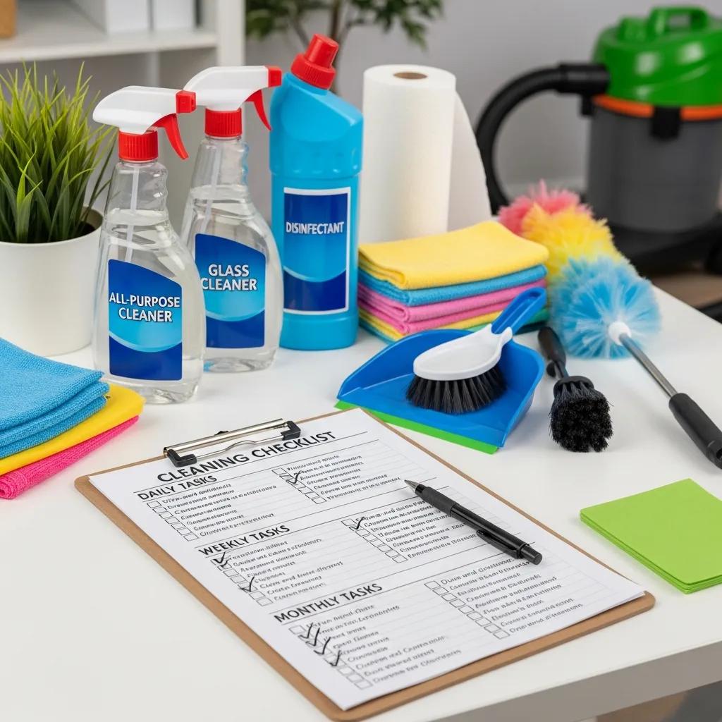 Eco-friendly cleaning supplies with plants, showing sustainable products