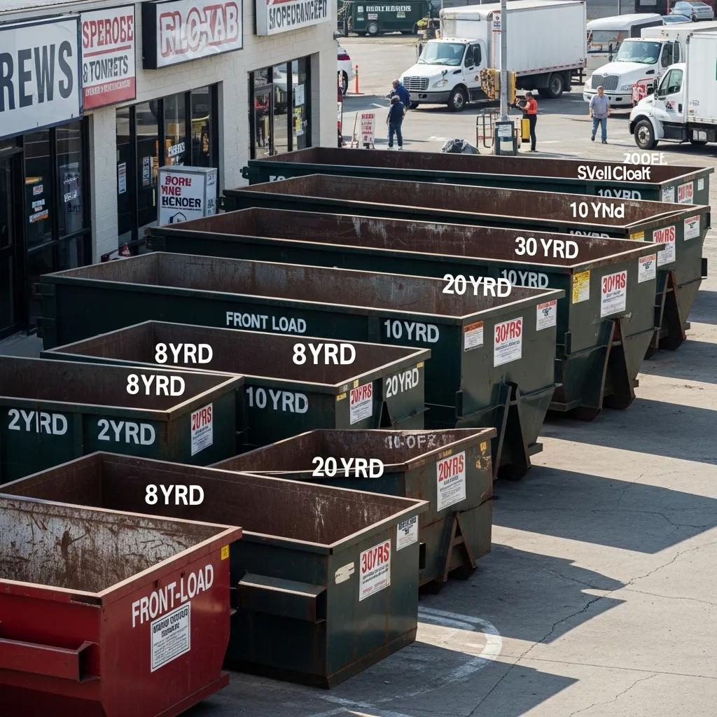 Various commercial dumpster sizes staged outside a business to show options for waste management
