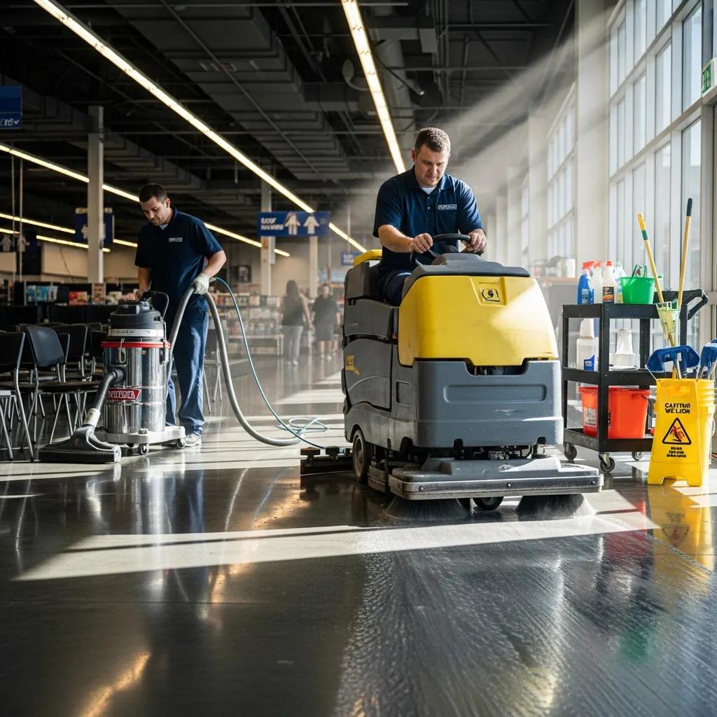 Industrial floorcare in use — vacuums and scrubbers maintaining a commercial space