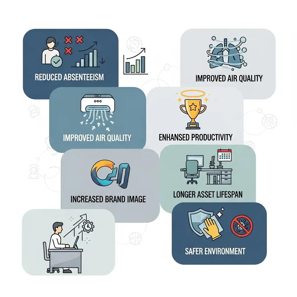 Graphic showing key benefits of professional cleaning: fewer sick days, better air quality, and preserved assets