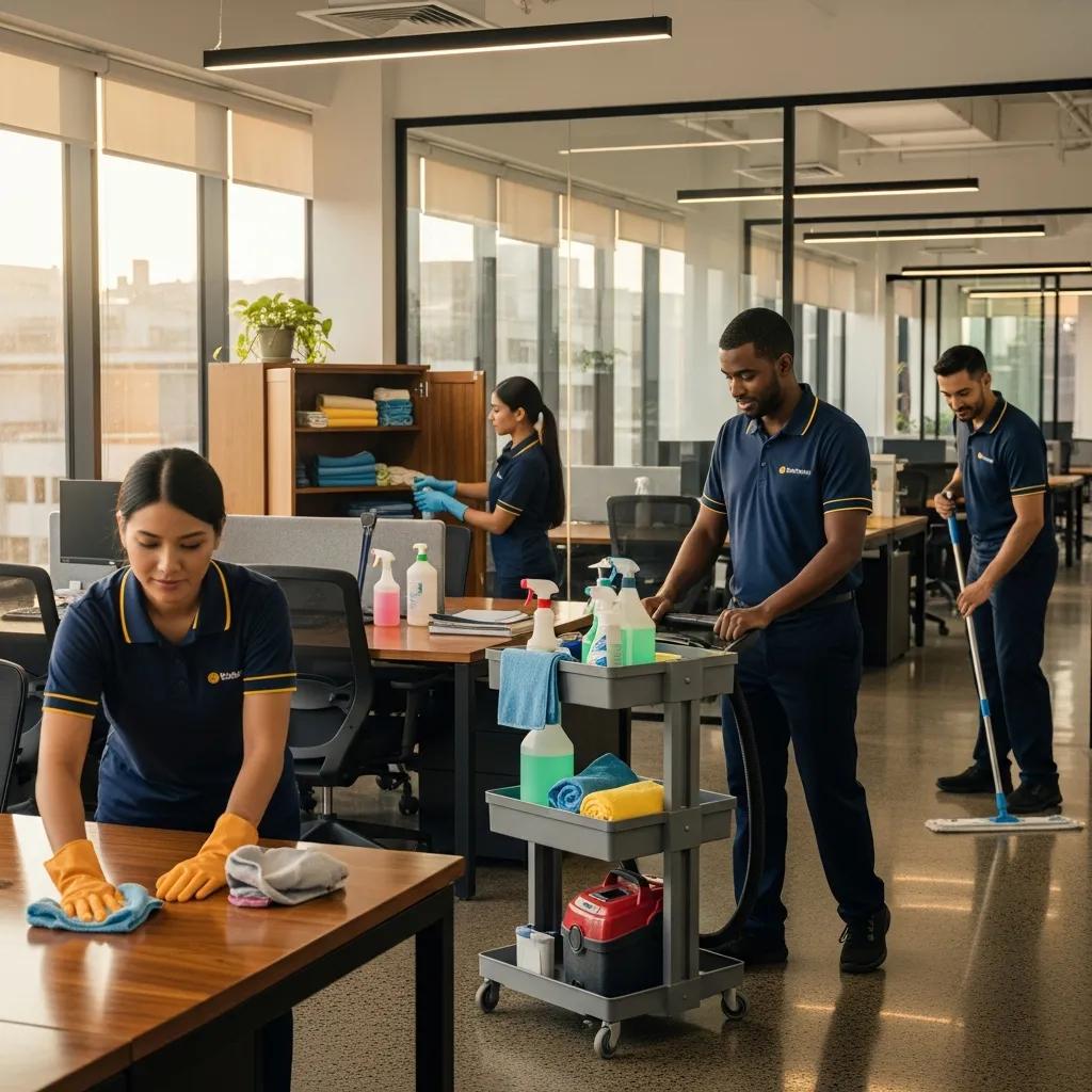 In-house cleaning team working inside an office environment