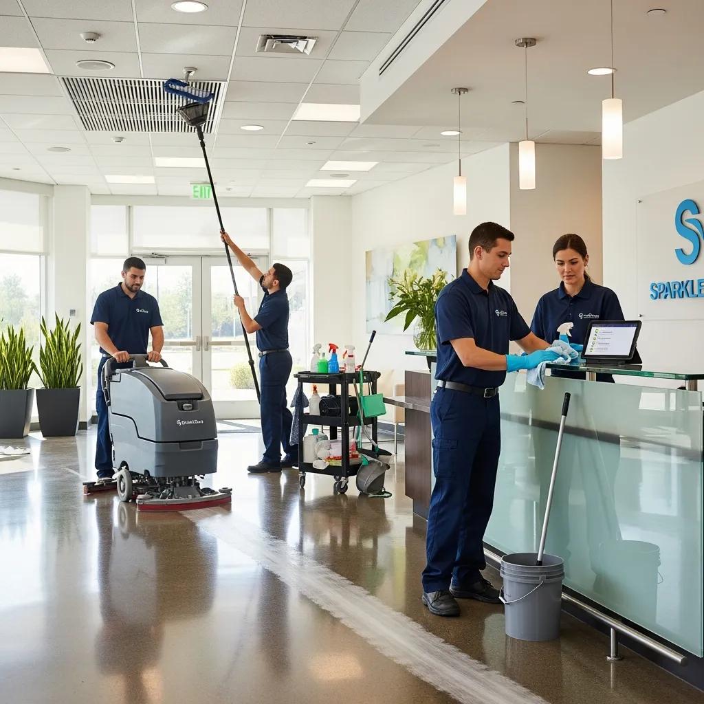 Outsourced cleaning crew using advanced equipment in a commercial building