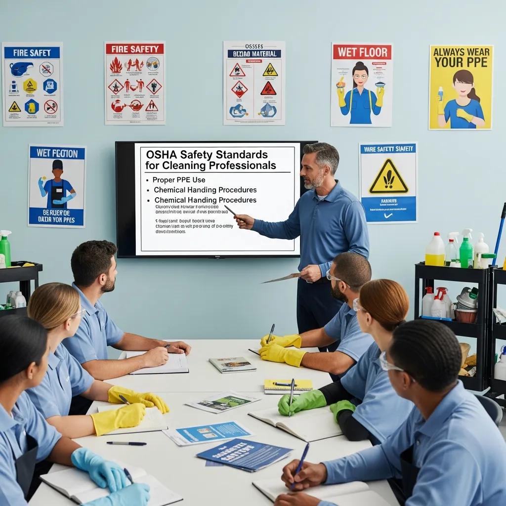 Training session on OSHA cleaning standards for commercial cleaning staff