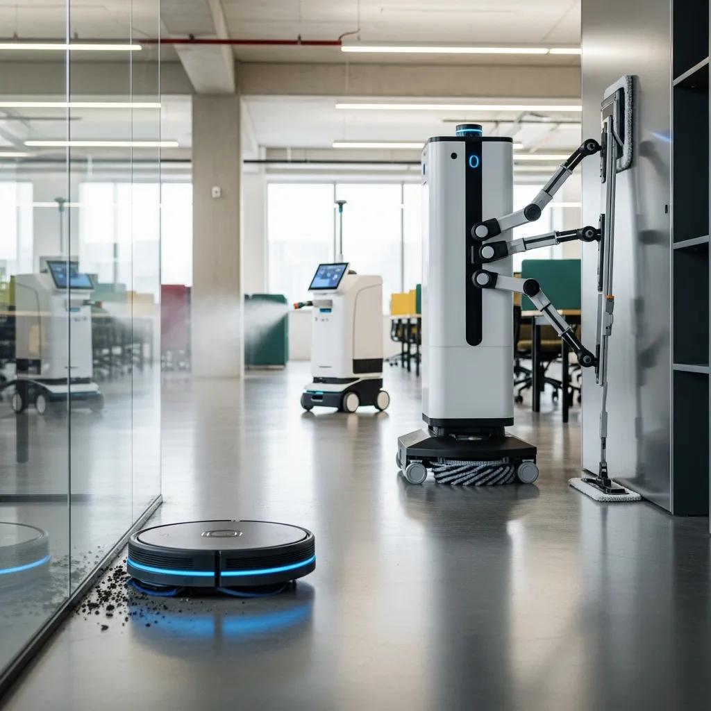 Robotic floor scrubber and AI tools used in commercial cleaning