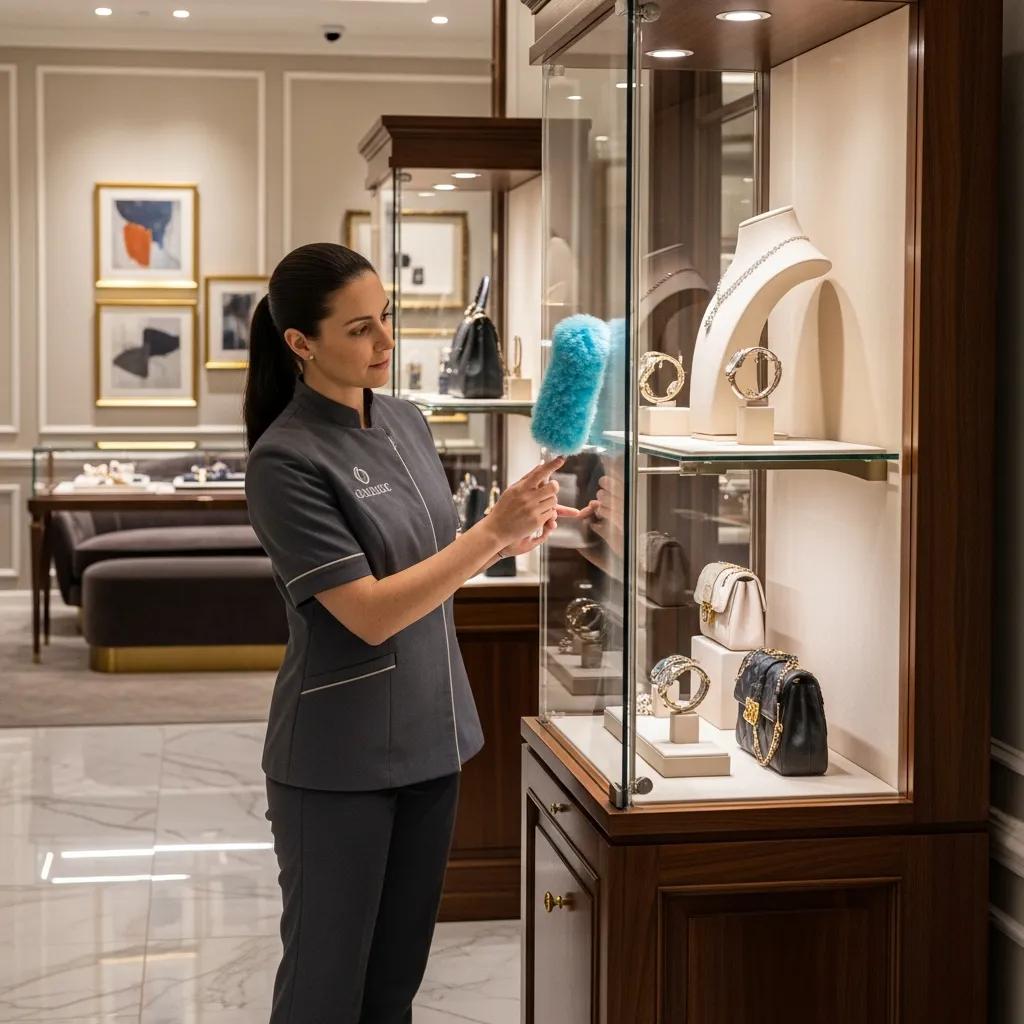 Careful boutique display cleaning to protect merchandise and presentation
