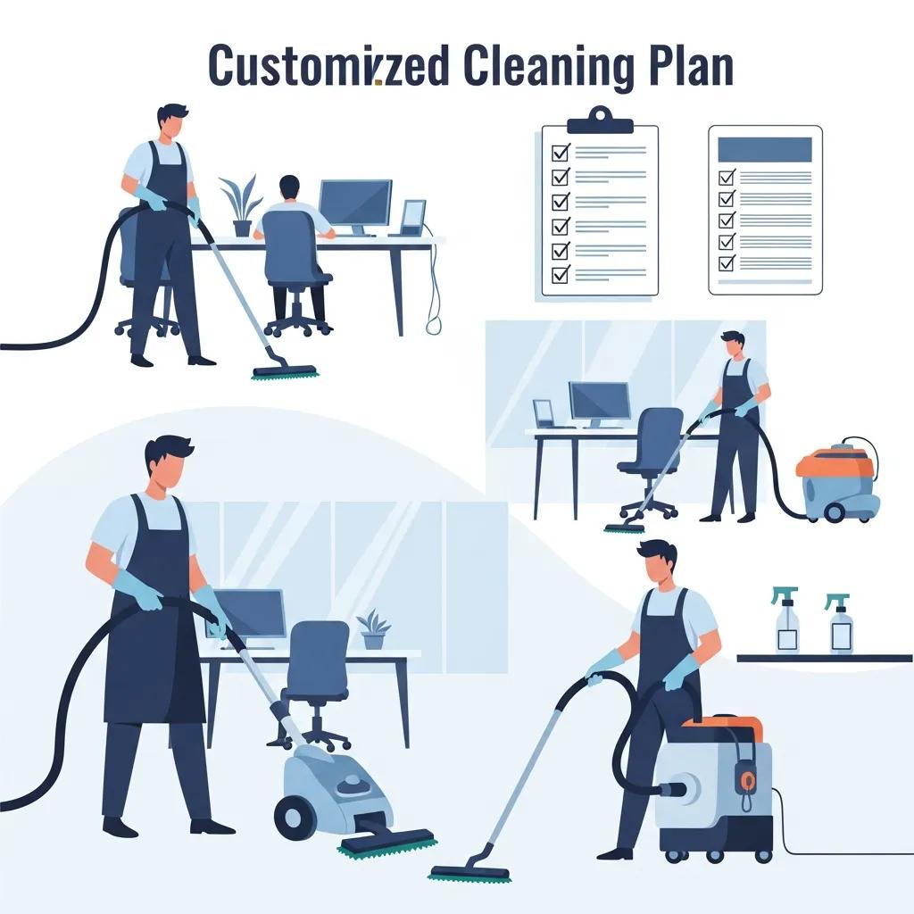 Cleaner carrying out a tailored office cleaning plan in a corporate workspace