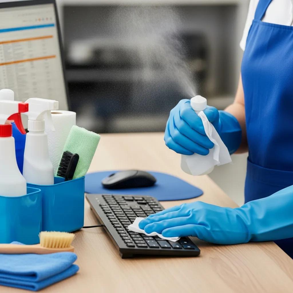 Technician sanitizing a high‑touch surface in an office with professional cleaning supplies