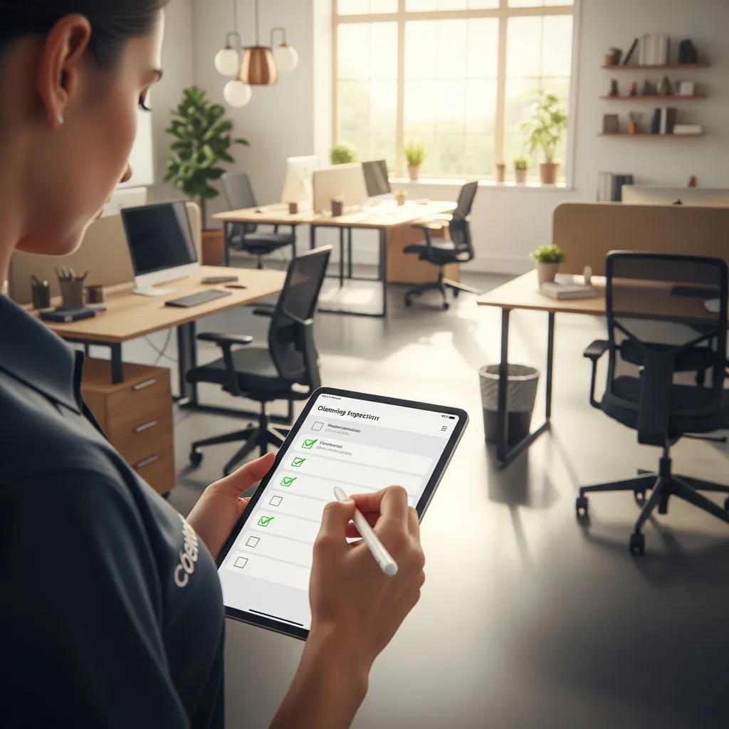 Cleaner checking a digital inspection checklist while photographing a deficiency