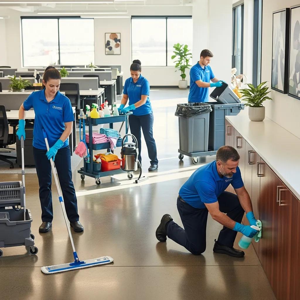 Cleaning crew coordinating tasks in a commercial space — teamwork and efficient workflows
