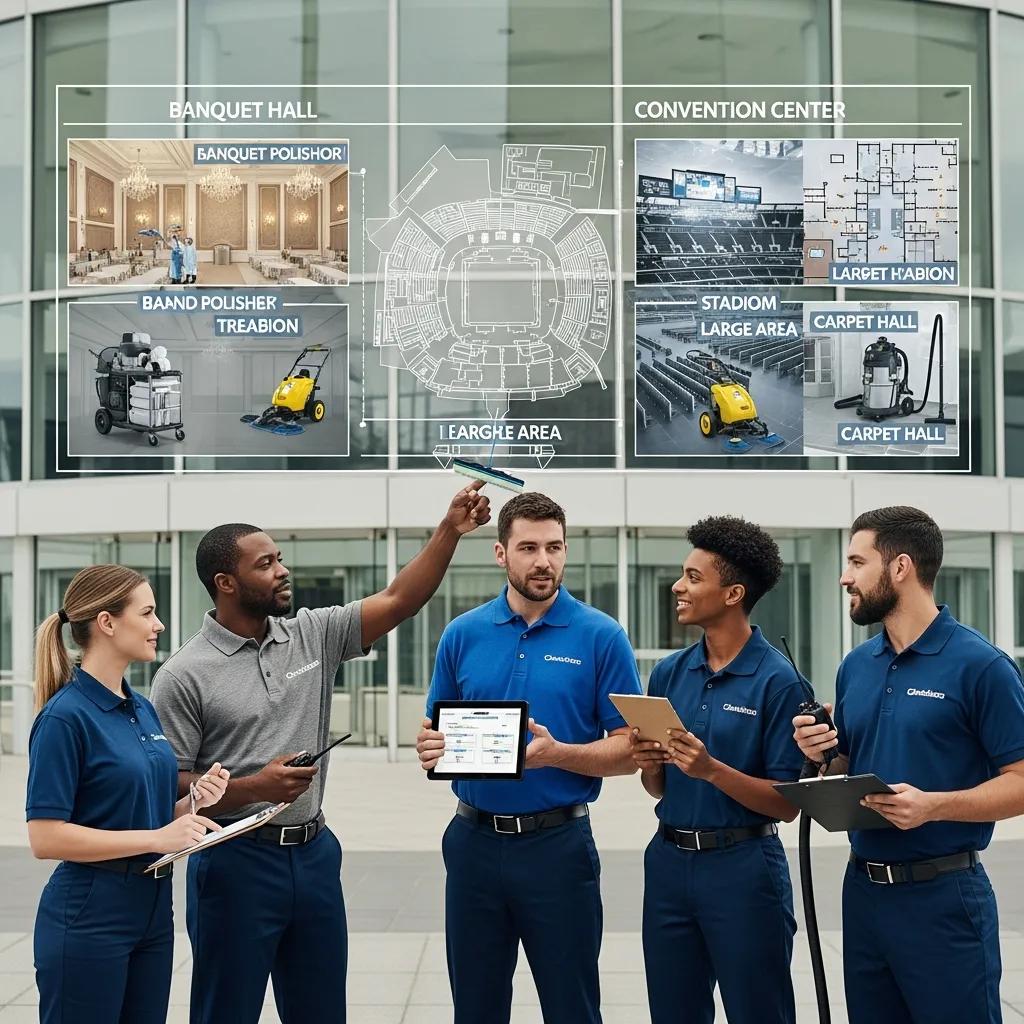 Crew planning cleaning strategies for different commercial event venues
