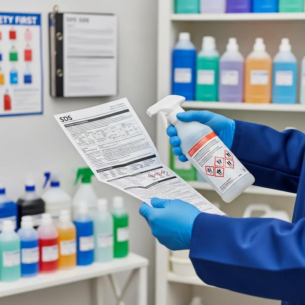 Cleaning professional checking a Safety Data Sheet while handling cleaning chemicals