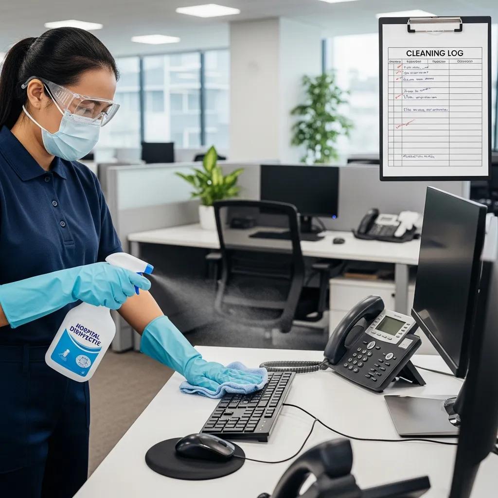 Cleaning technician disinfecting high-touch surfaces using established infection control steps