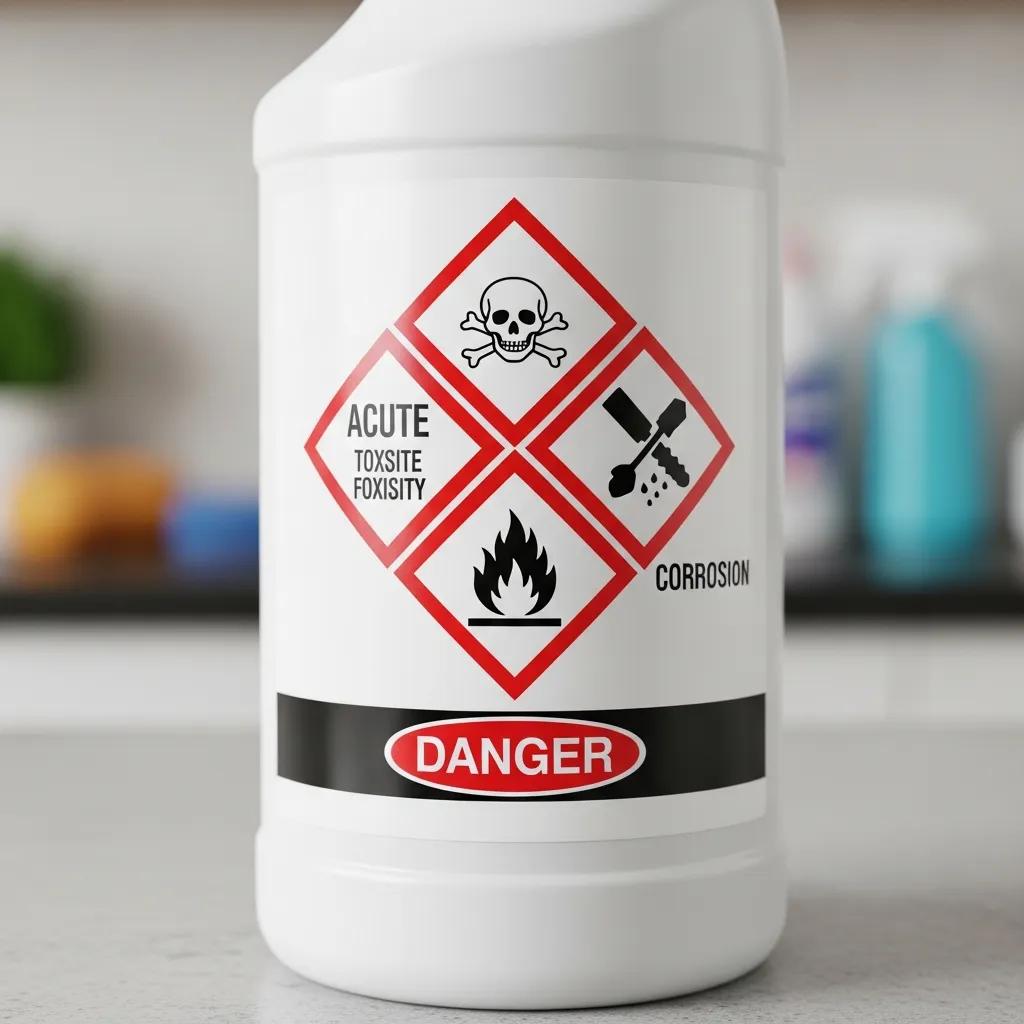 Close-up of a GHS label showing pictograms and a signal word on a cleaning product