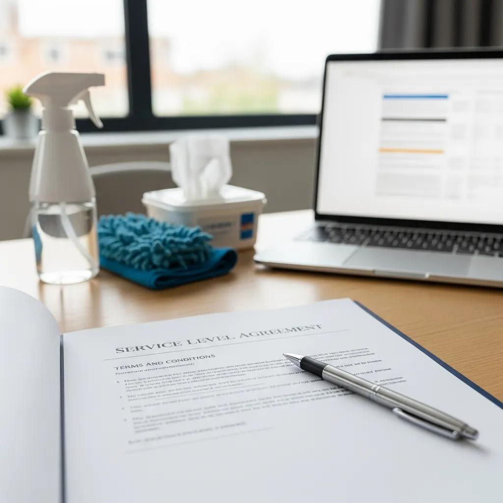 Close-up of a service level agreement document with cleaning supplies