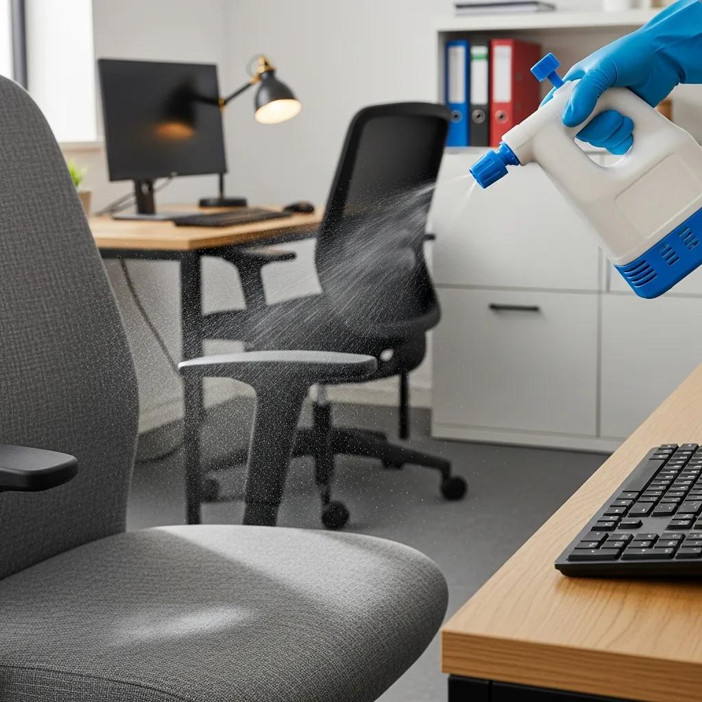 Close‑up of electrostatic sprayer applying disinfectant in an office