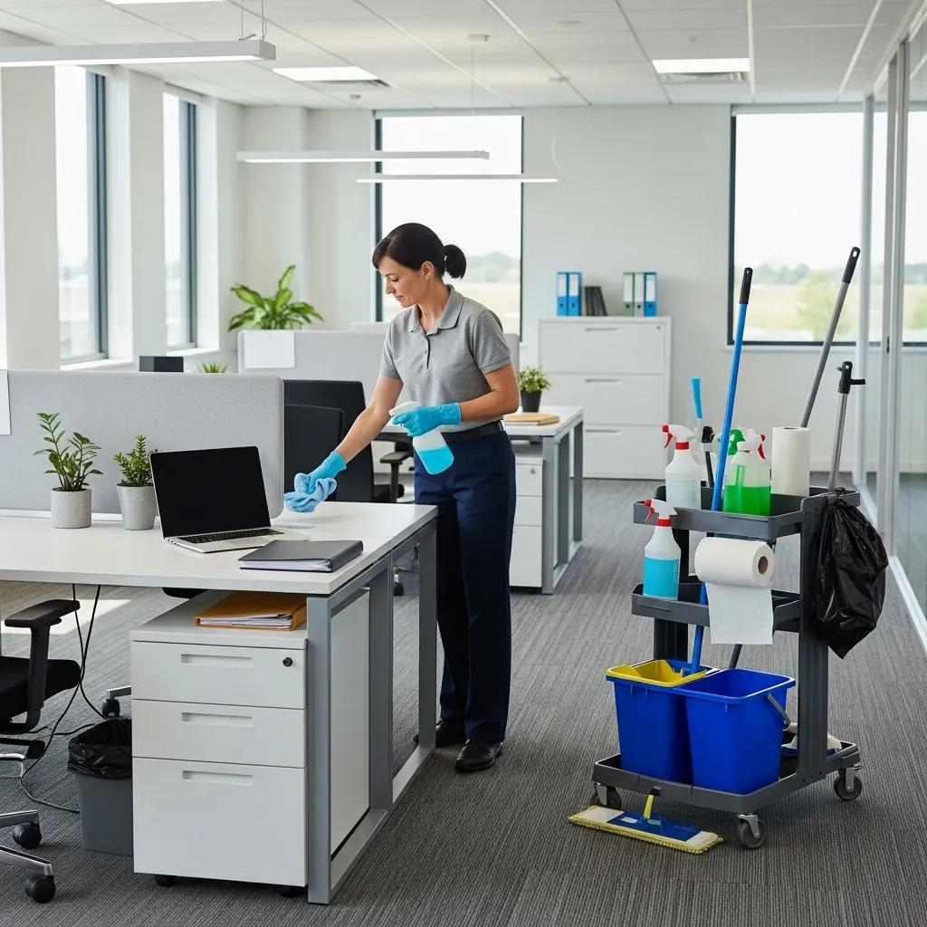 Commercial office cleaning scene with janitorial staff maintaining hygiene and organization