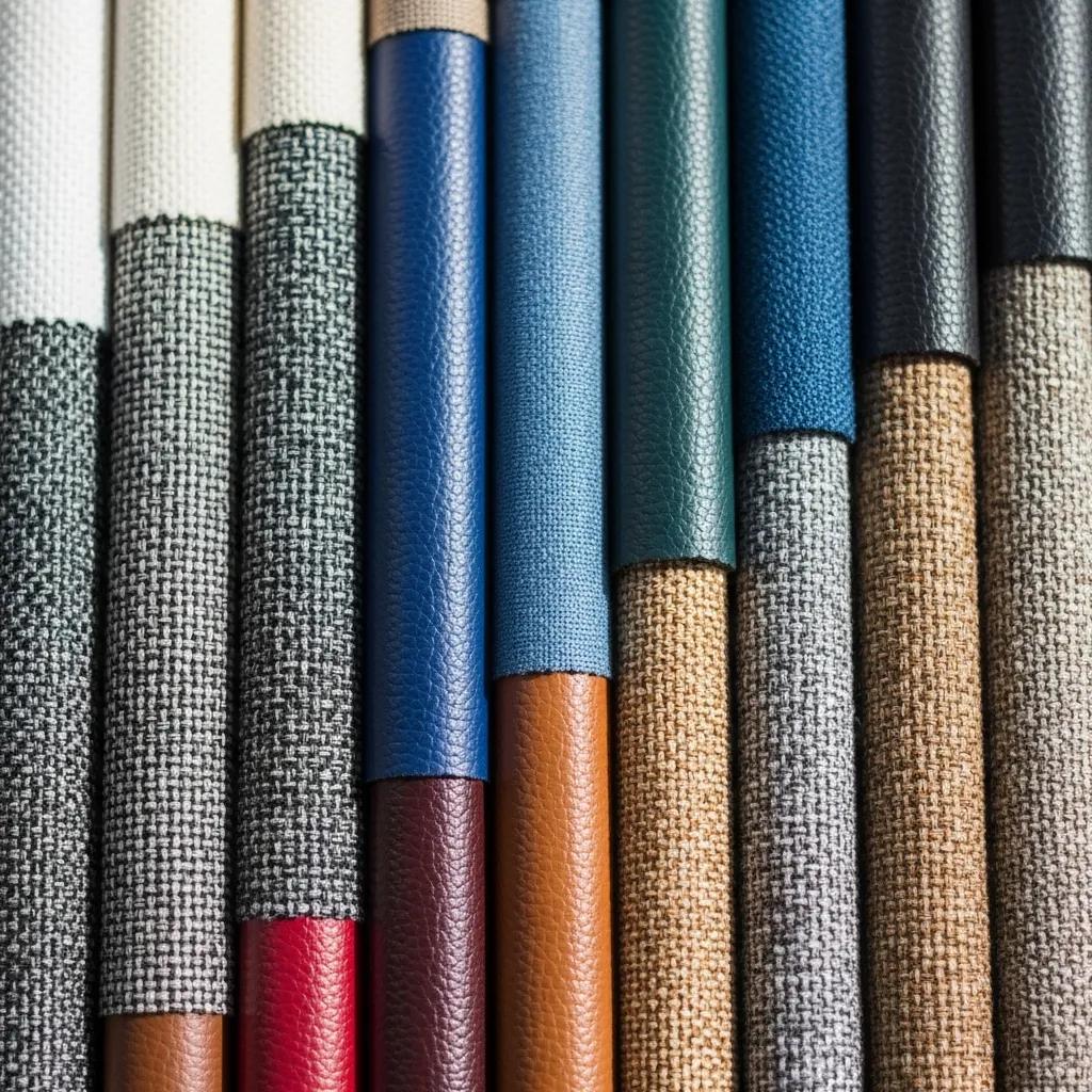 Samples of office upholstery: woven fabric, leather, and microfiber