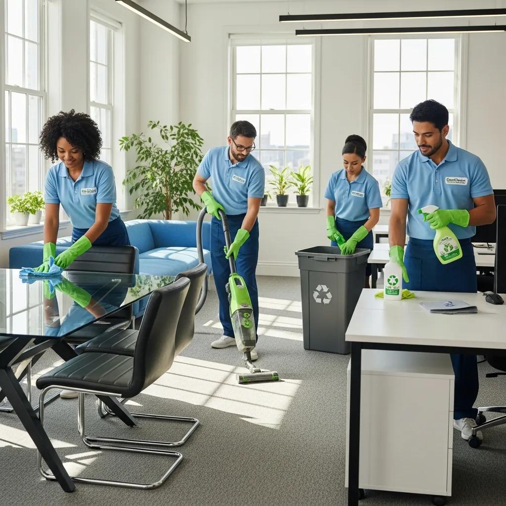 Diverse cleaning team using eco-friendly products in a modern office, emphasizing cleanliness and teamwork