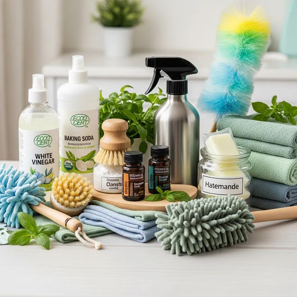 Eco-friendly cleaning supplies and equipment showing sustainable practices