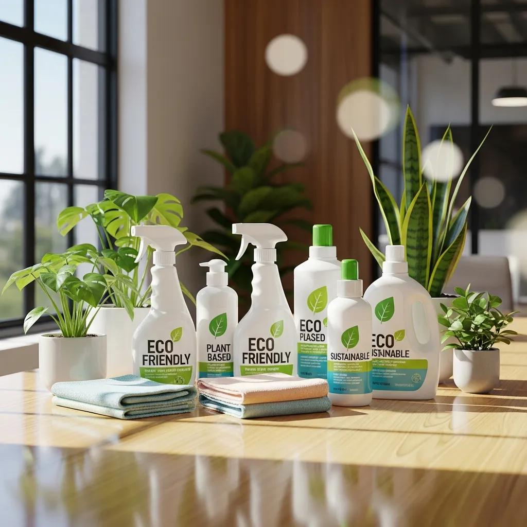 Selection of eco-friendly cleaning products arranged in a bright office setting