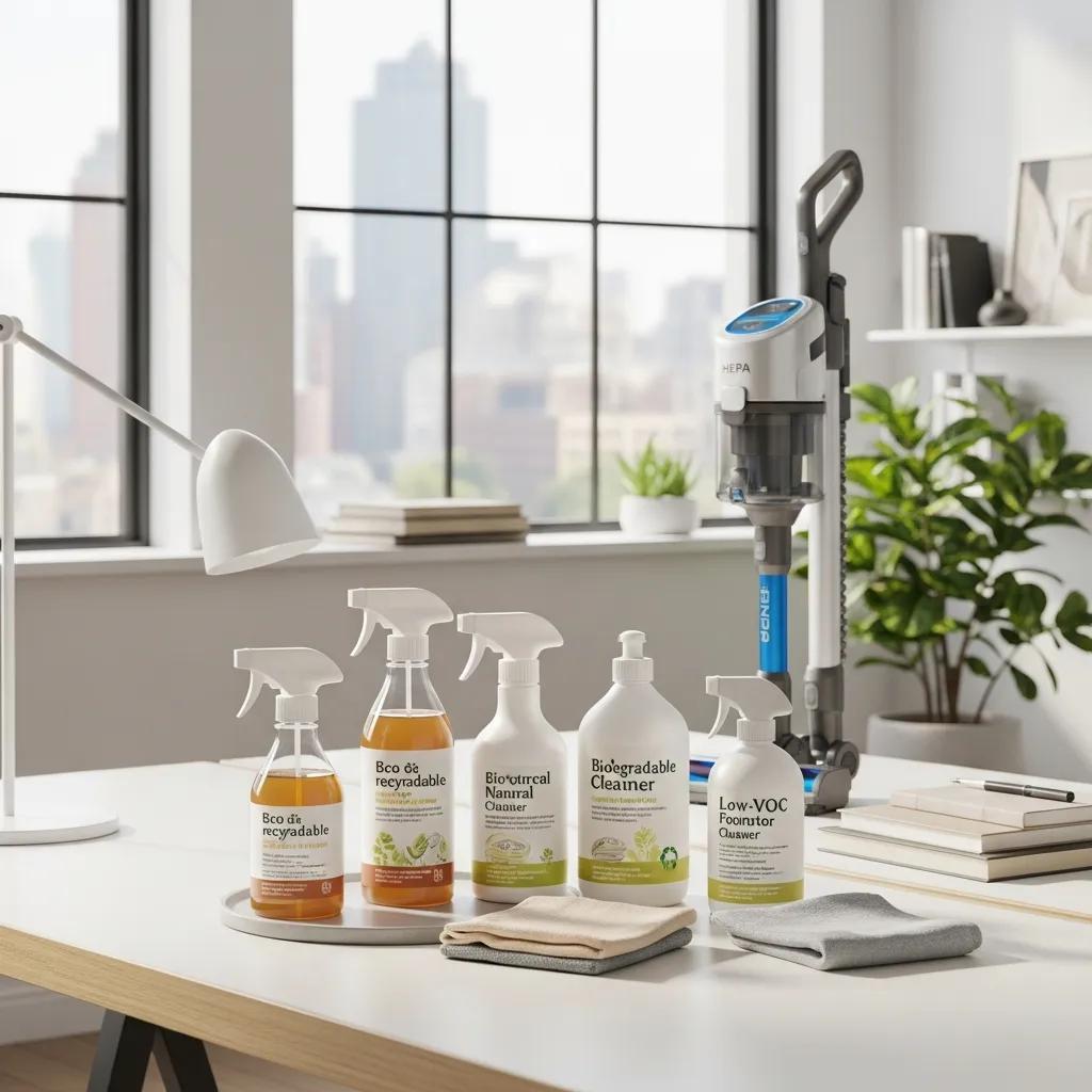 Eco‑friendly cleaning products and equipment staged in a modern office