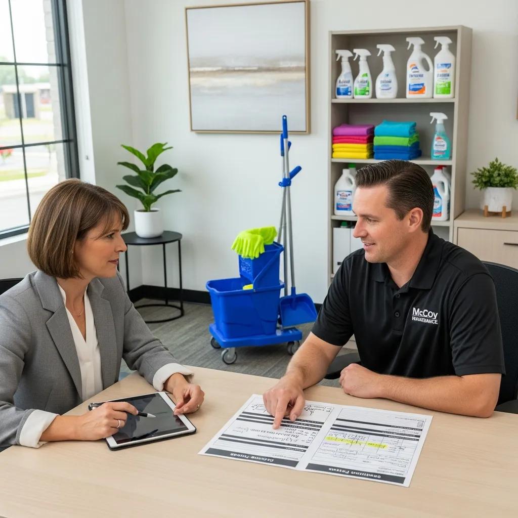Facility manager meeting with a McCoy Maintenance representative to plan a customized janitorial solution